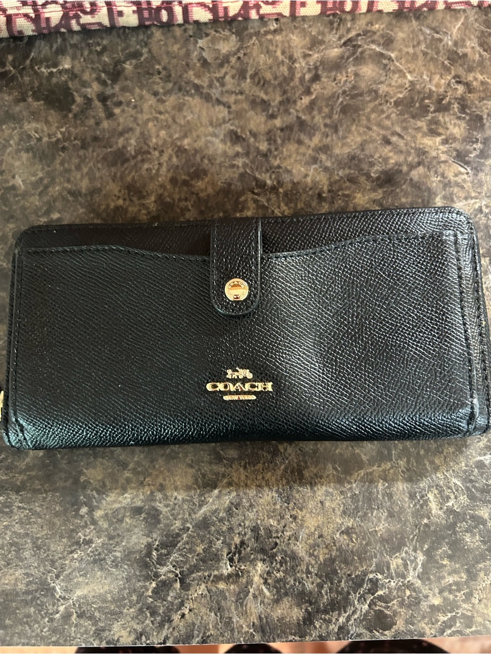 Coach Black Saffiano Leather Continental Wallet with Gold Logo